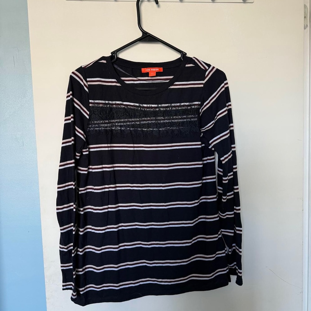 Joe Fresh Navy and White Striped Long-Sleeve Top with Lace Yoke